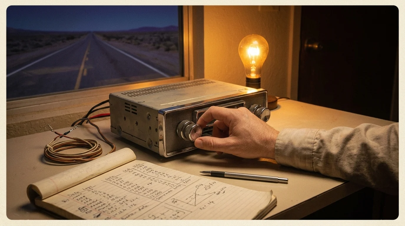 A car radio wired to a motel desk under one amber bulb, two fingers on the chrome knob