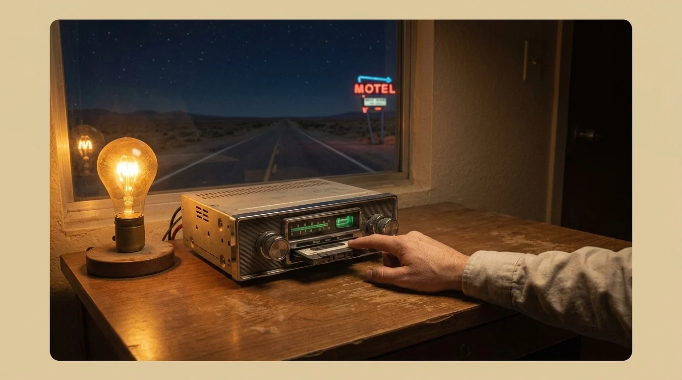 The motel room at night: desk, wired radio, lamp and a window onto the red motel sign and the empty highway