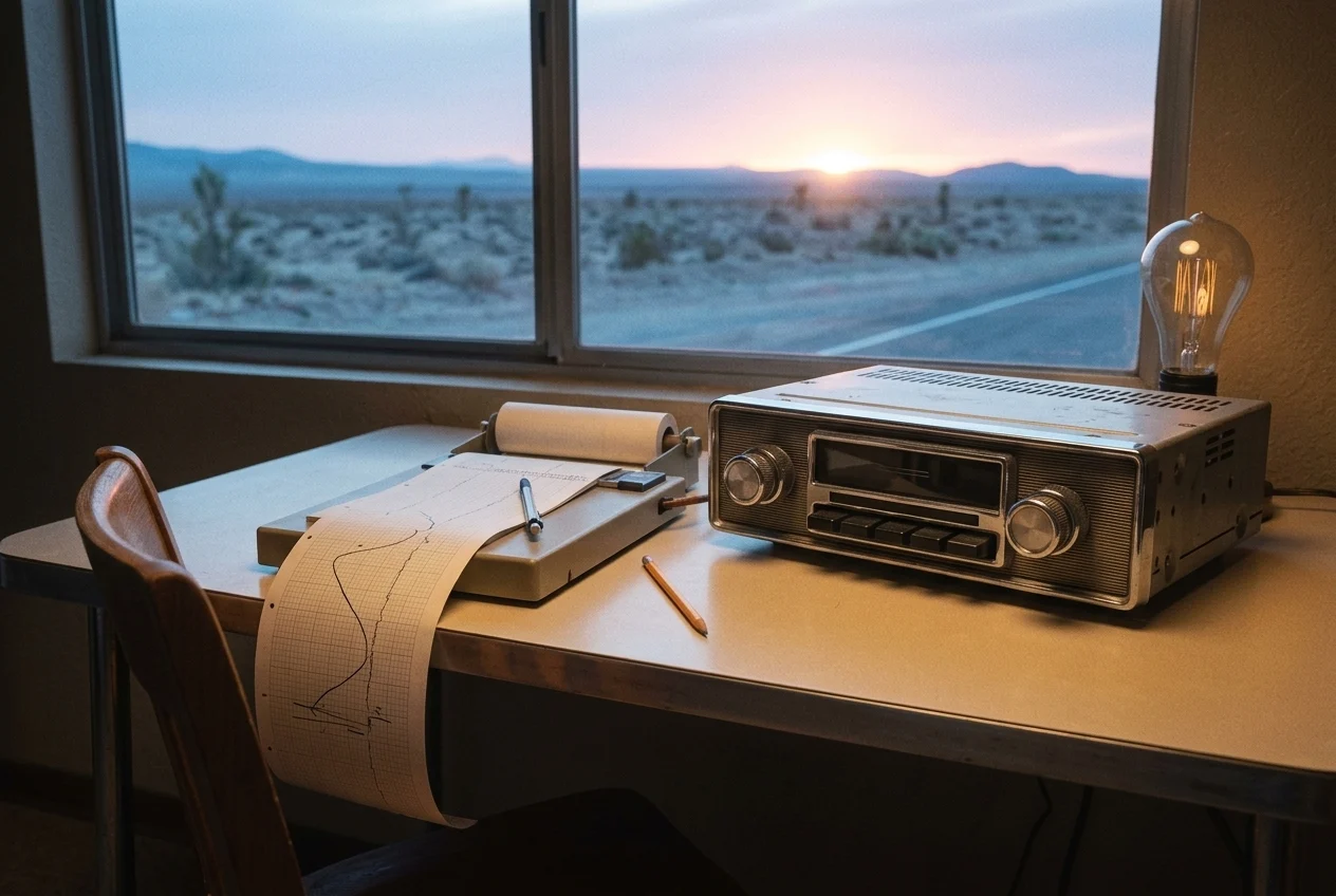 Dawn through the motel window, chair pushed back, the knob left on its notch and torn paper tape on the desk